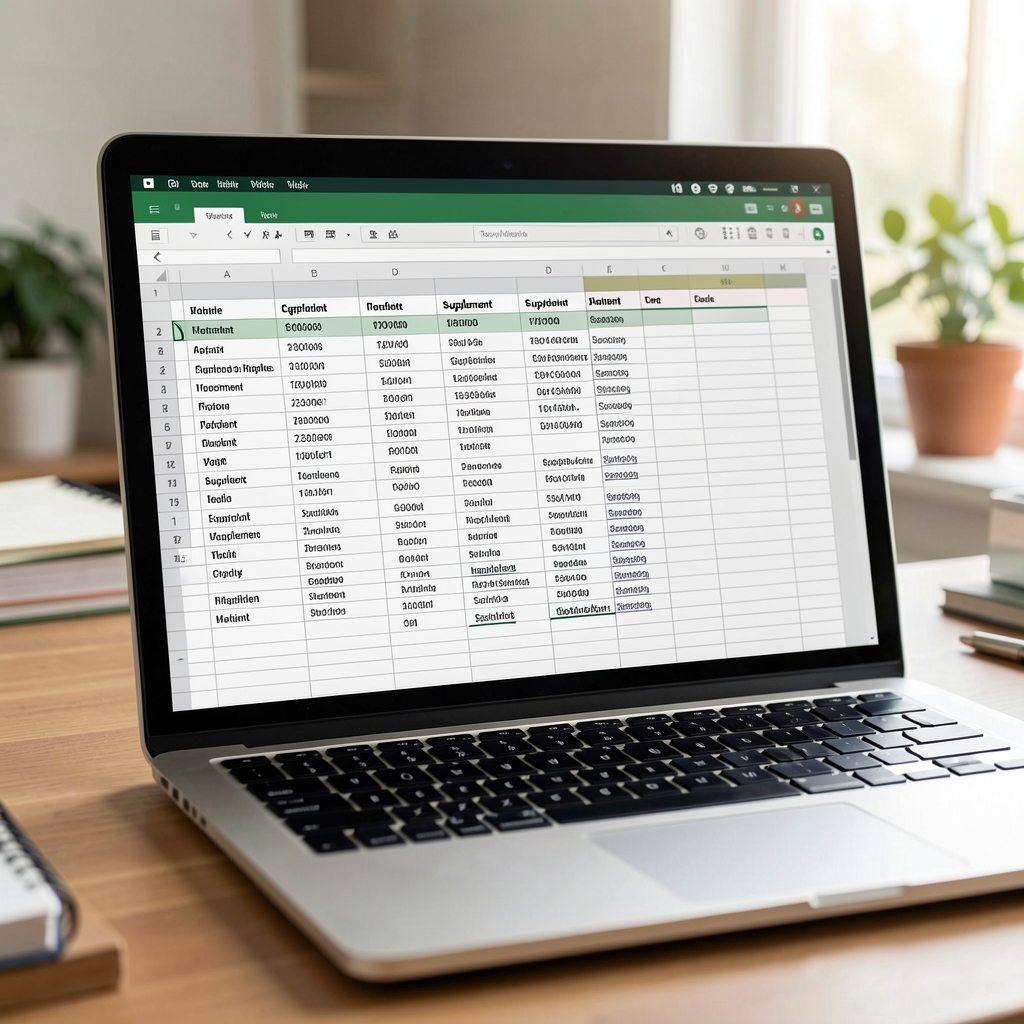 Close-up of a structured catalogue spreadsheet on a laptop screen showing supplement ingredient columns, opened in a quiet workspace