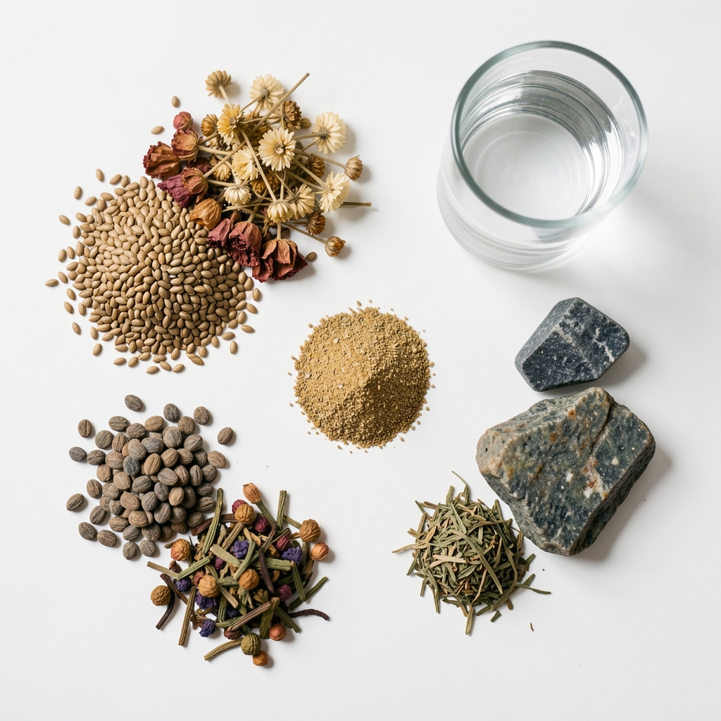 Flat-lay arrangement of whole-food ingredient sources on a clean white surface — seeds, dried botanicals, mineral stones, and a glass of water