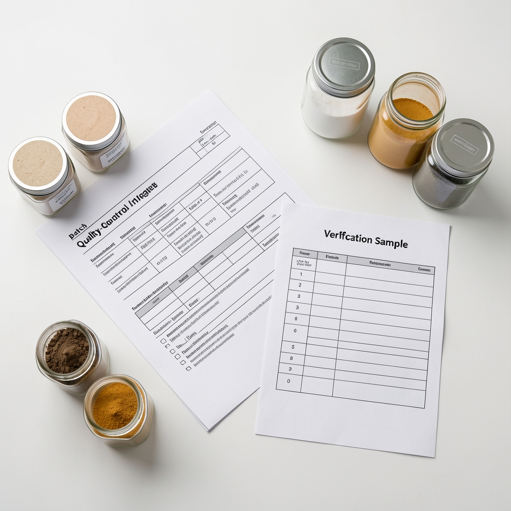 Overhead view of a quality-control workspace showing printed batch documentation, ingredient sample jars, and a verification checklist on a clean white surface under studio lighting
