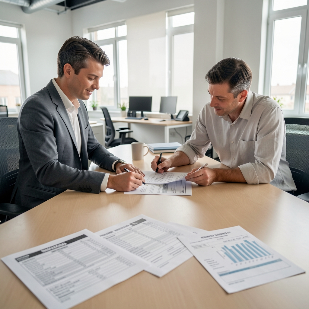 Two people reviewing printed supplier documentation across a wide desk in a clean workspace environment, ingredient specification sheets visible in the foreground