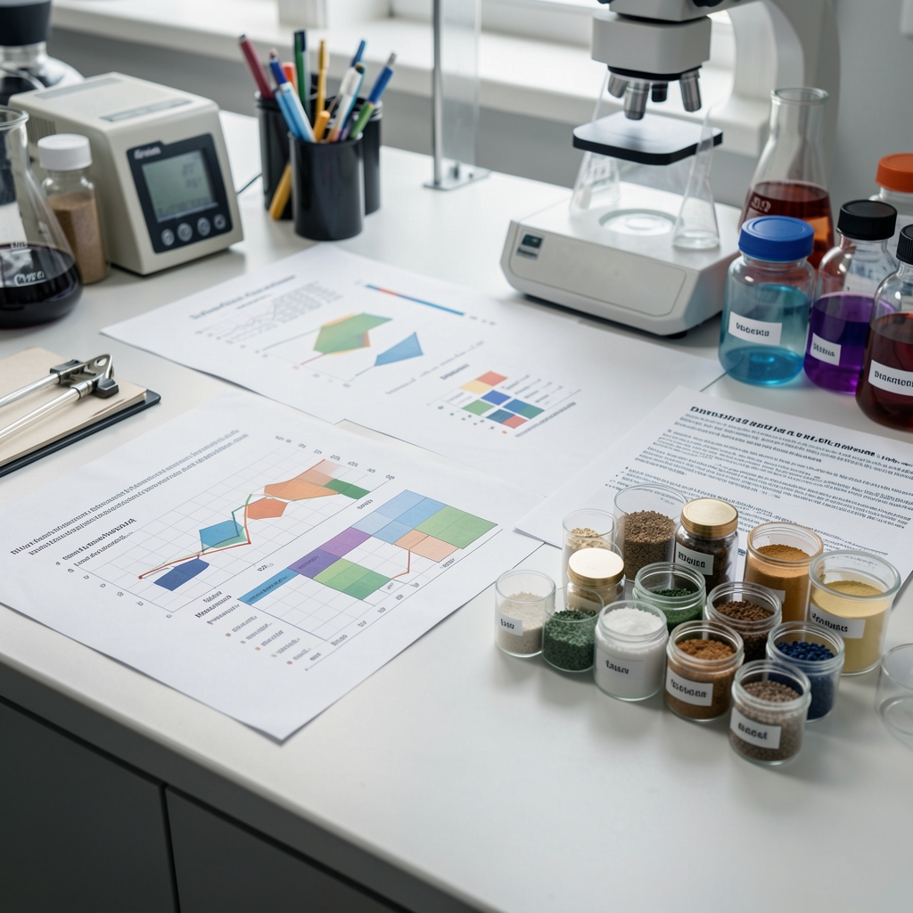 Laboratory workbench showing elemental composition charts, printed research references, and small ingredient samples organised in labelled containers